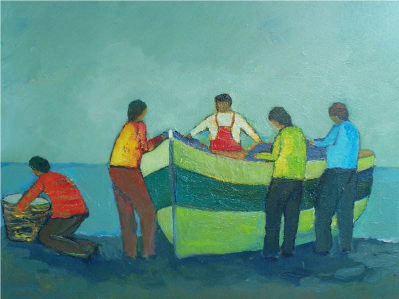 Barca  e pescatori sulla spiaggia  Olio su cartone 40x50  Anno 2006  Coll. privata