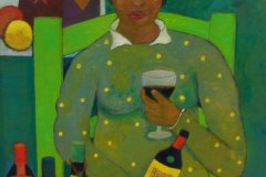 Donna con bottiglie Olio su cartone 60x70 Anno 2014 Coll. Privata