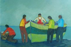 Barca  e pescatori sulla spiaggia  Olio su cartone 40x50  Anno 2006  Coll. privata