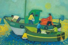Due barche con lampare in alto mare Olio su cartone 60x70. Anno 2014
