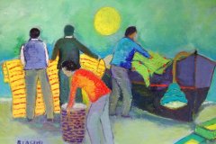 Pescatori con cielo viola   Olio su cartone 30x50  Anno 2018