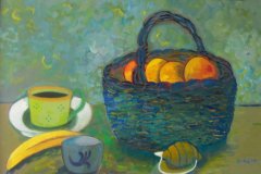 Natura morta con cesto Olio cartone 40x60.  Anno 2015
