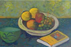 Composizione con tazza e piatto frutta - Olio su cartone 40x60 Anno 2010r Coll Privatatone 40x60 Anno 2010 Coll. Privatartone 40x60 Anno 2010